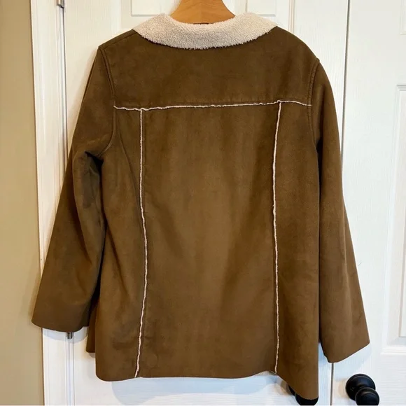L.L. Bean Faux Suede Sherpa Lined Coat Jacket, Brown Button Up Women's Large - Picture 6 of 11